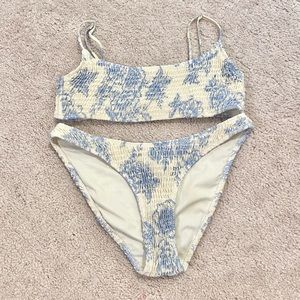 TRIANGL Blue and White Floral Swimsuit Shirred Flower Bikini Full Coverage Beach
